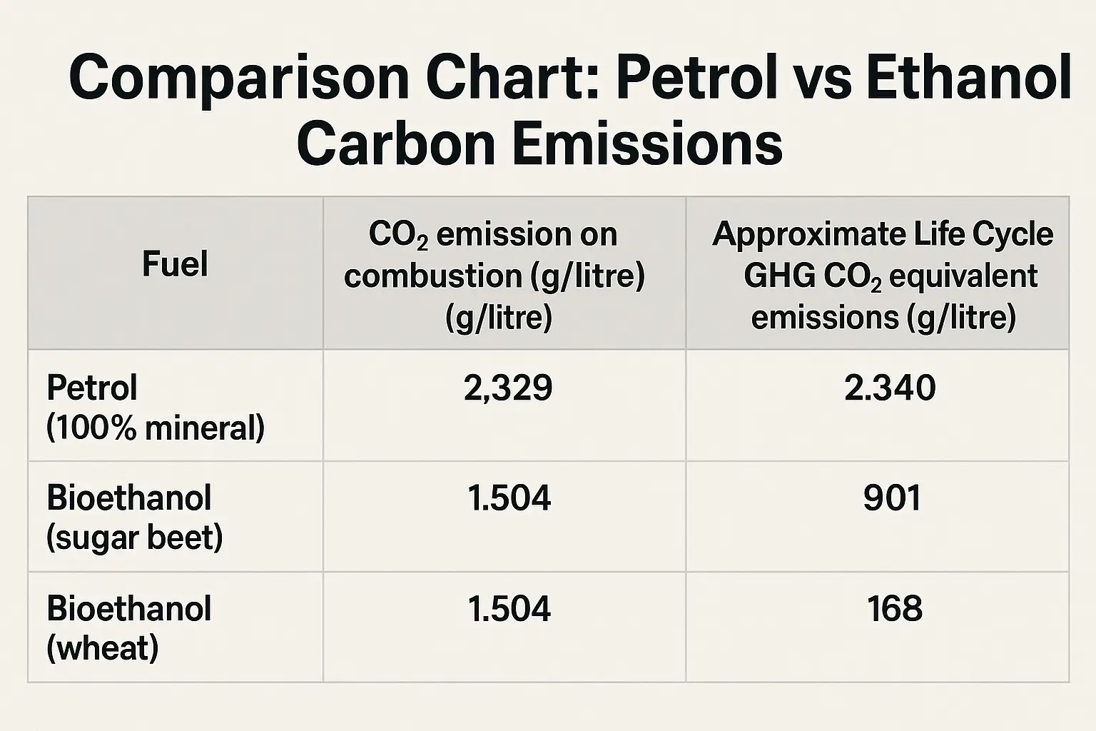 Comparison Chart: Petrol vs Ethanol Carbon Emissions