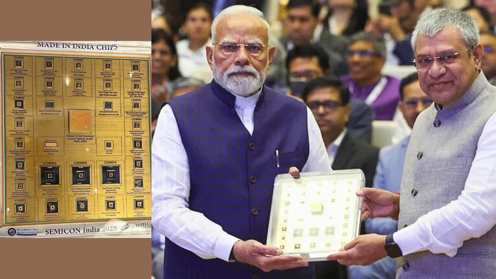 Prime Minister Modi received India's first indigenous semiconductor chip, the Vikram processor, at Semicon India 2025