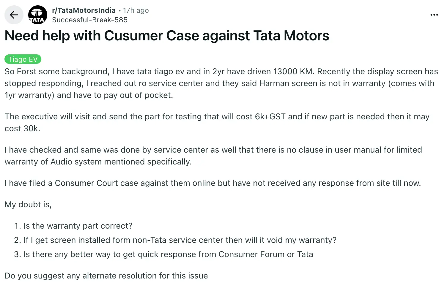 Tata Tiago EV Owner Files Consumer Case